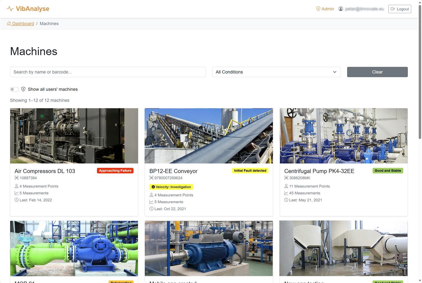 VibAnalyse web app — machine fleet